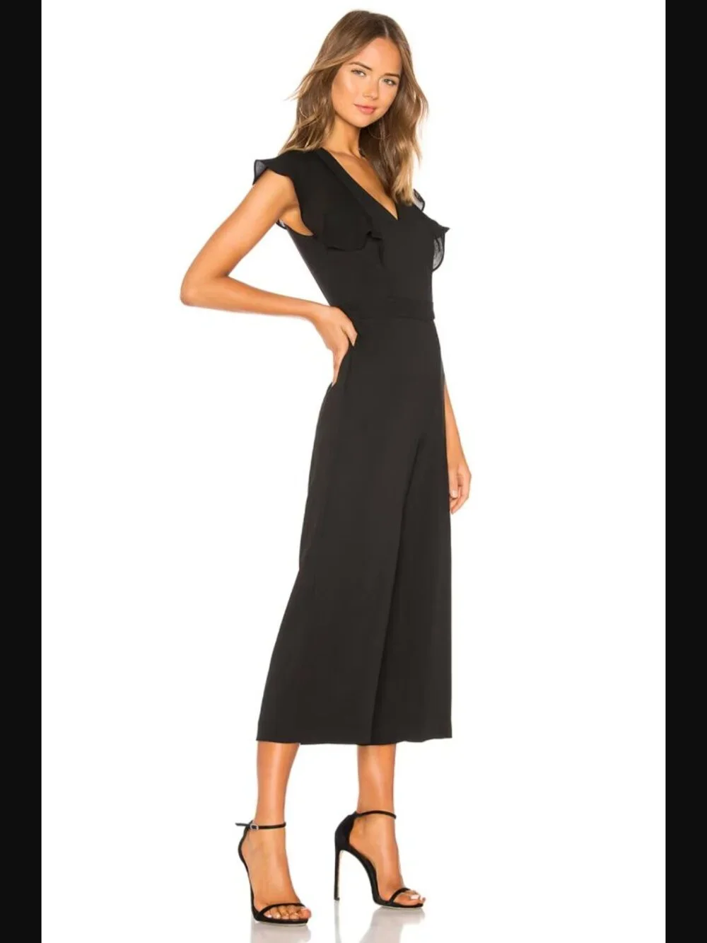 $339 Parker Tommi Jumpsuit Black Ruffle Sleeve Wide Leg Cropped V Neck Size 2